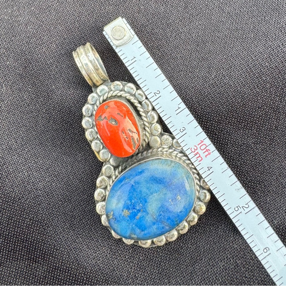 Vintage handmade Lapis Lazuli & Red Coral sterling silver pendant from Bali